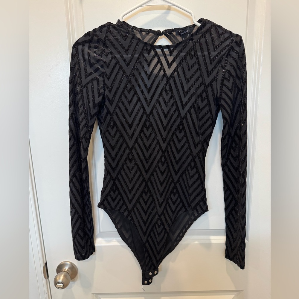 Forever 21 Black Geometric Mesh Bodysuit